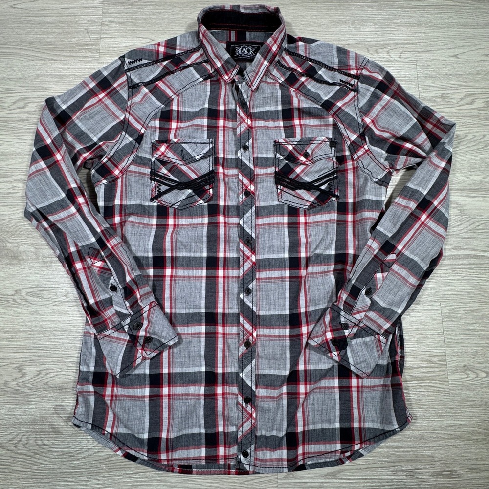 Buckle Black Men's Shirt L Standard Fit Plaid Red Black Western Embroidered‎